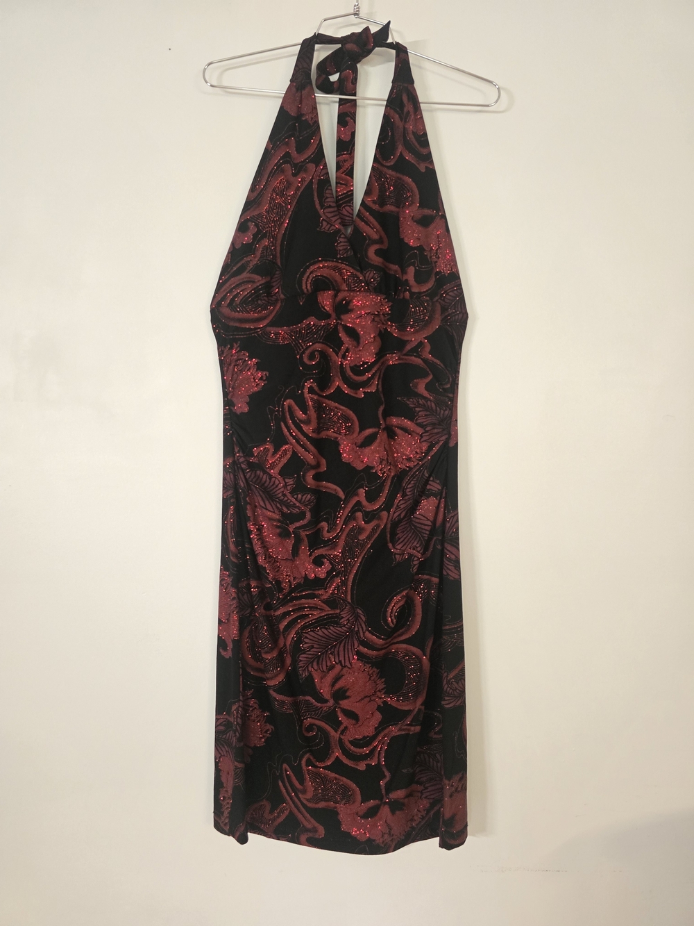 le chateau Black Halter Dress with Red Glitter Print
